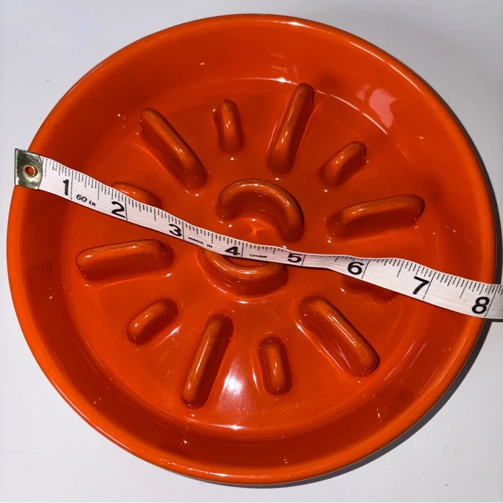 Le Tauci Pet Dog 8” Bowl Orange Ceramic Slow Feed Feeder Maze Puzzle